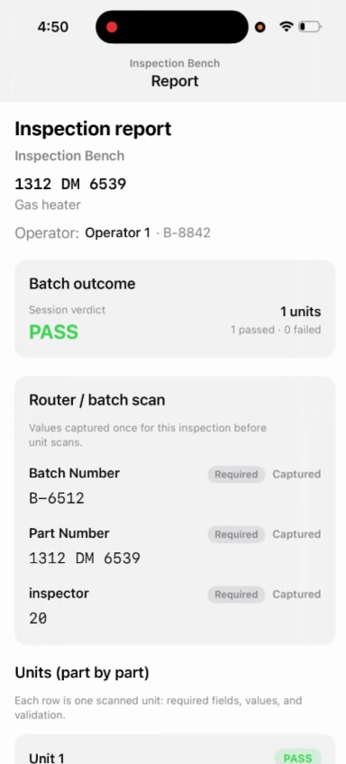 Reports list — recent inspection sessions
